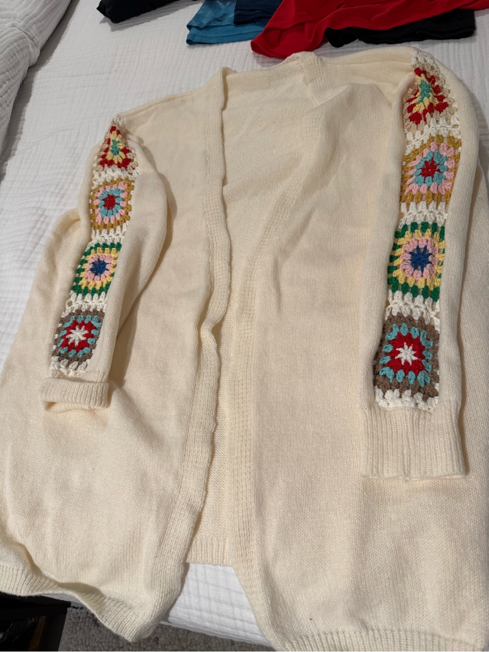 Cream Open-Front Women's Cardigan with Crocheted Sleeve Accents